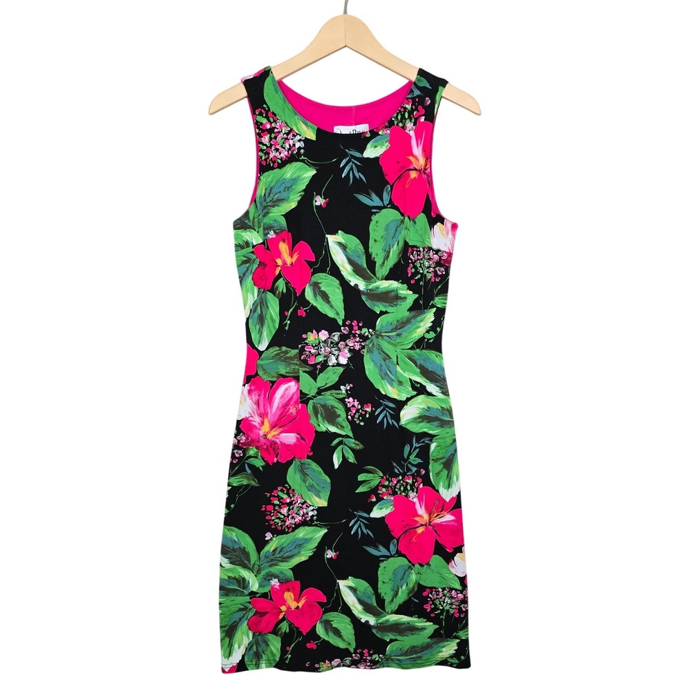 Vintage Joseph Ribkoff Dress Tropical Floral Hibiscus Print Pink Black Midi S